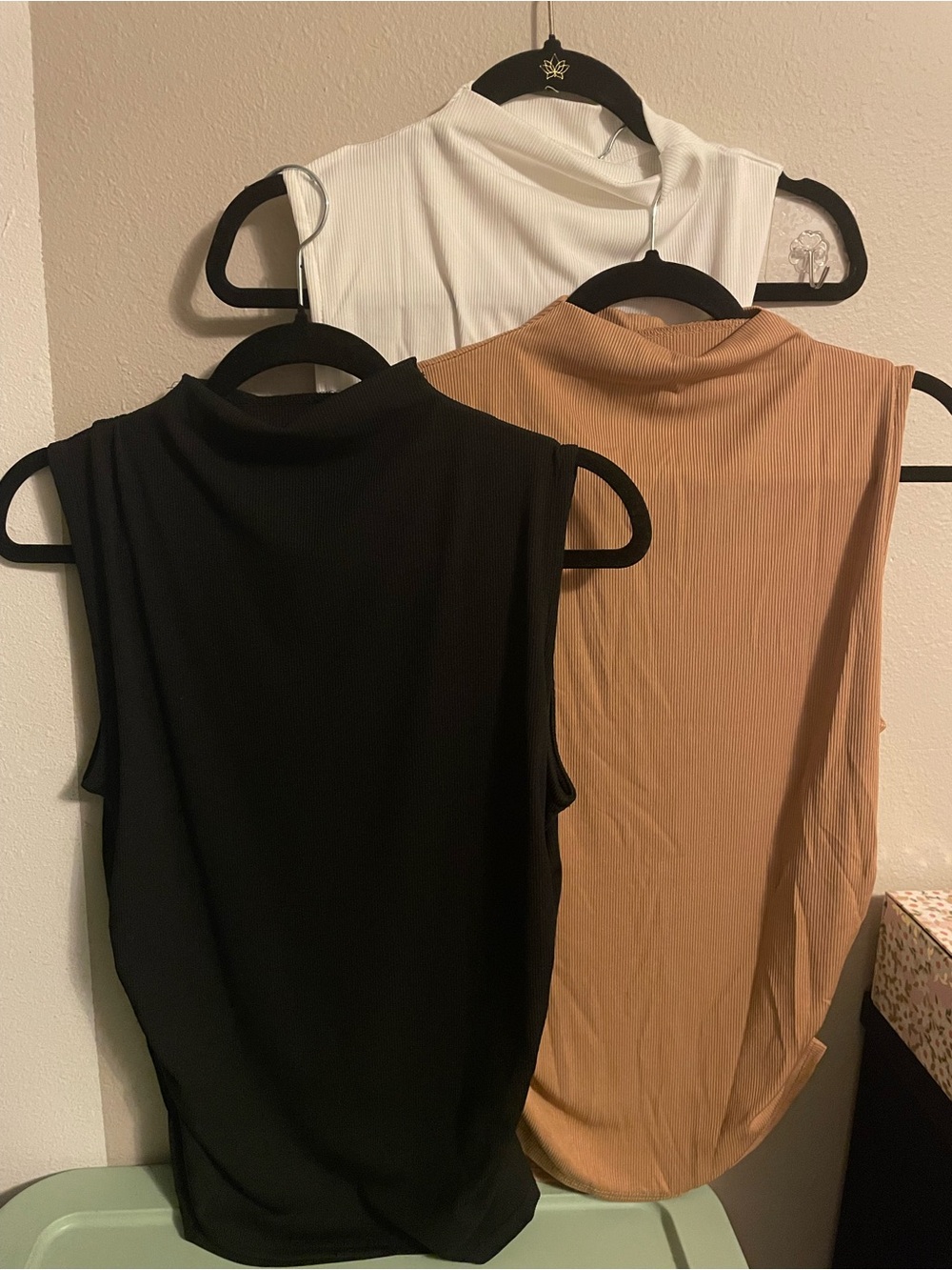 3 Piece Set Sleeveless Mock Neck Ribbed Tank - Black, White & Camel